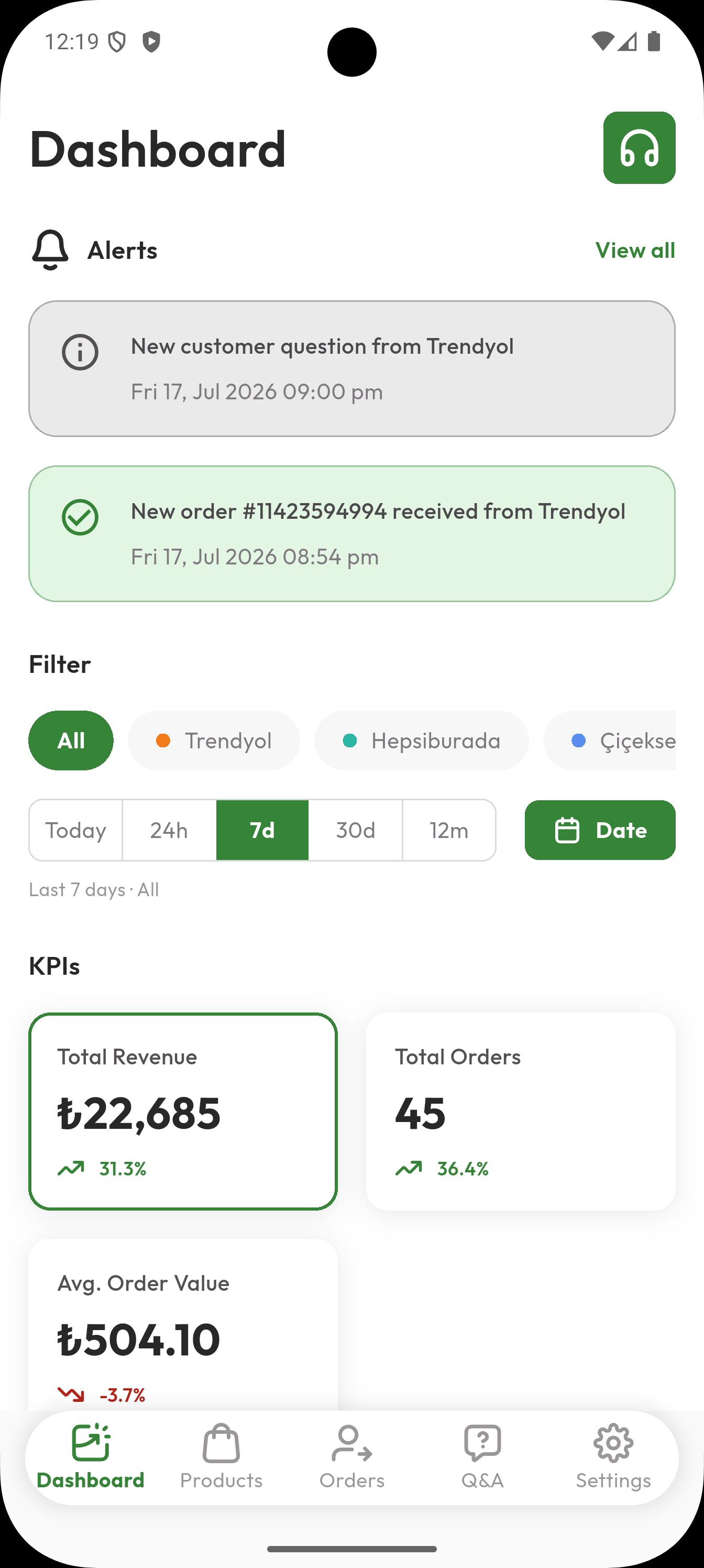 Gelir, siparişler ve pazaryeri uyarılarını gösteren Mobileriz panosu
